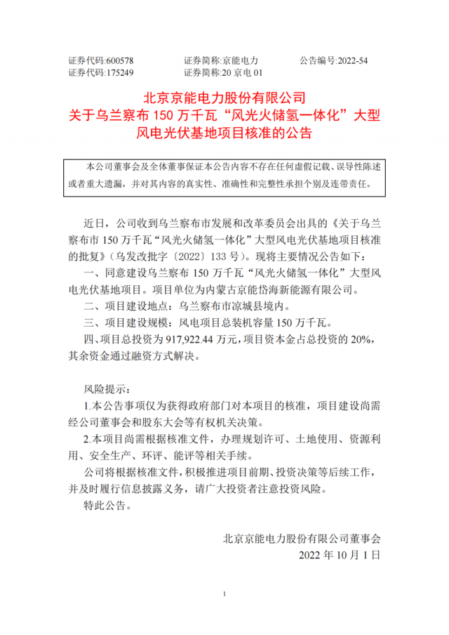 京能電力150萬(wàn)千瓦“風(fēng)光火儲(chǔ)氫”基地獲批！