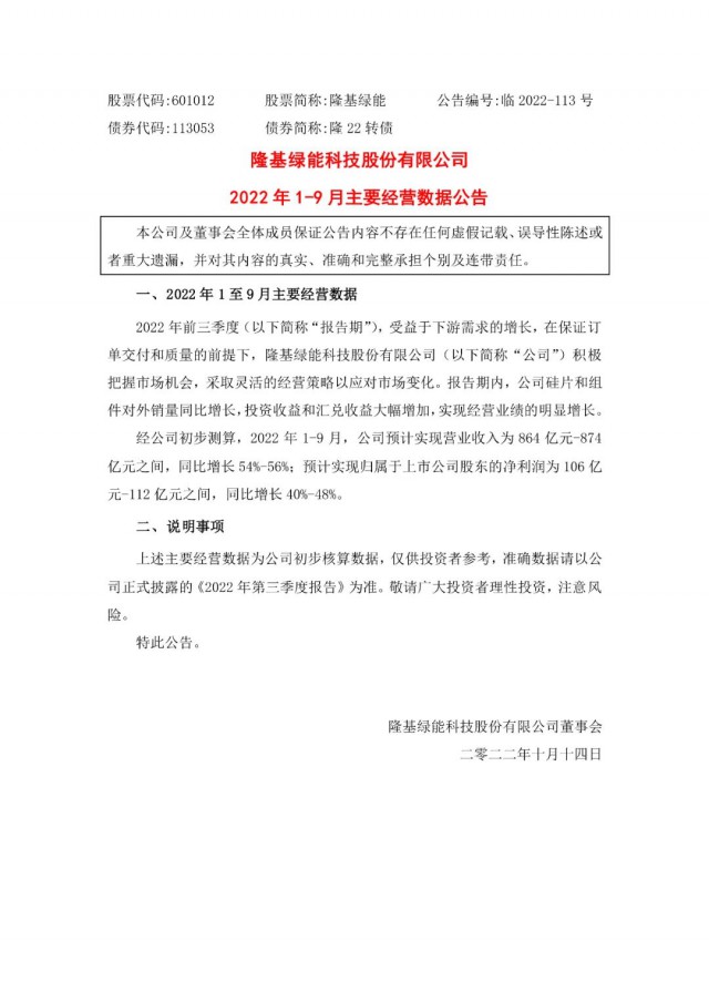 隆基綠能：營收或超864億，預(yù)計前三季凈利或在106億元-112億元之間